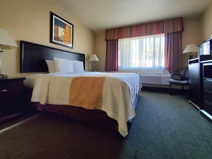 A hotel room with a king bed, nightstands, lamps, framed art, a window with curtains, a desk, chair, and a dresser across from the bed.