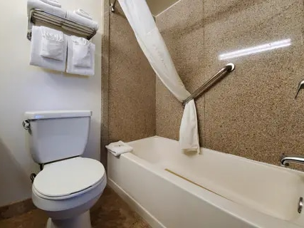 A bathroom with a toilet and a bathtub, grab bars, a shower curtain partially tied, and a towel rack above the toilet, all in a compact space.
