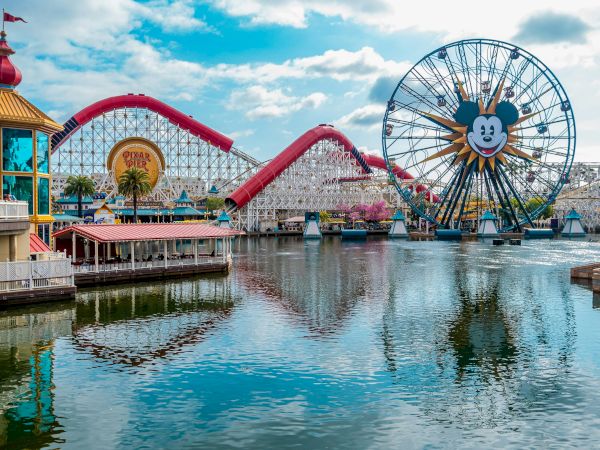An amusement park by the water with a ferris wheel featuring a smiling face, a red roller coaster, a colorful archway, and a sunny, reflective harbor.