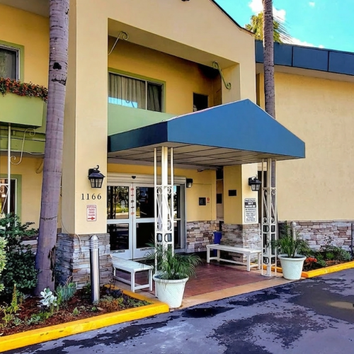 Charming cafe with yellow exterior, teal awnings, and outdoor seating by purple planters under a sunny sky.