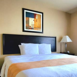 A neatly made hotel bed with white linens and an orange bed runner, two bedside lamps, and a framed abstract art piece above the headboard.