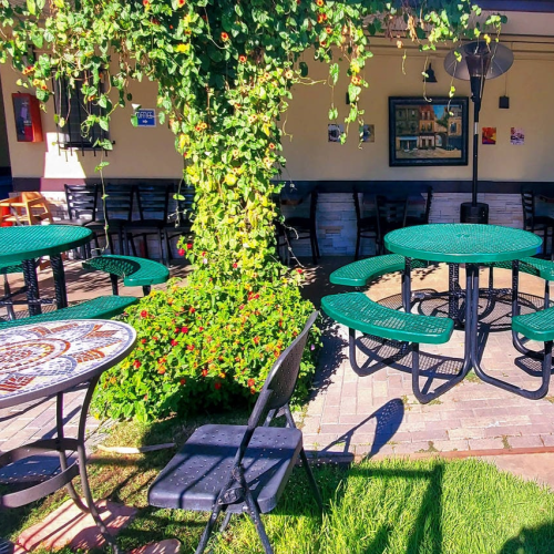 A shaded outdoor cafe with green round tables and benches under hanging vines; mosaic-topped table, brick path, and sunny lawn area.